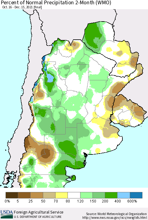 Southern South America Percent of Normal Precipitation 2-Month (WMO) Thematic Map For 10/16/2021 - 12/15/2021
