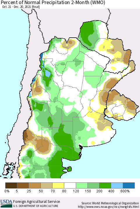 Southern South America Percent of Normal Precipitation 2-Month (WMO) Thematic Map For 10/21/2021 - 12/20/2021