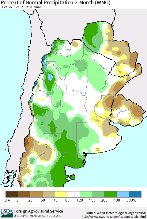 Southern South America Percent of Normal Precipitation 2-Month (WMO) Thematic Map For 10/26/2021 - 12/25/2021