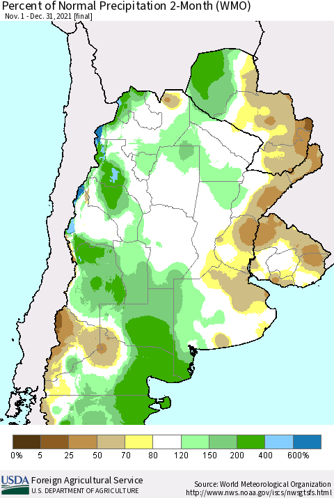 Southern South America Percent of Normal Precipitation 2-Month (WMO) Thematic Map For 11/1/2021 - 12/31/2021