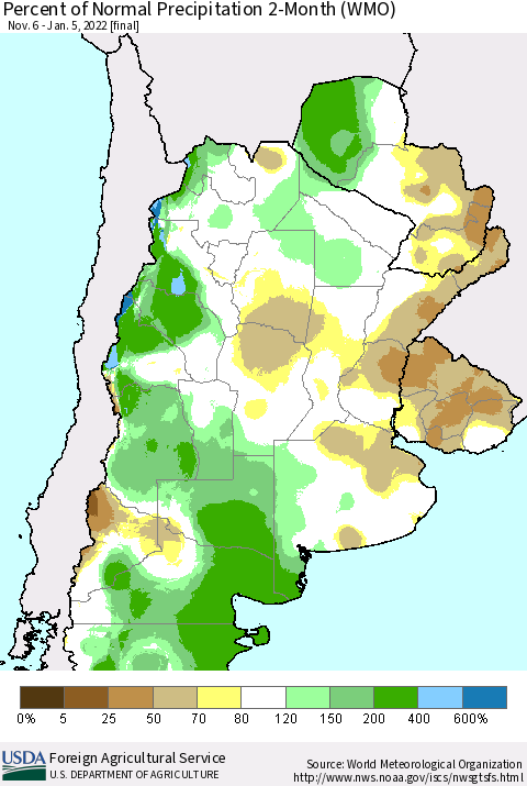 Southern South America Percent of Normal Precipitation 2-Month (WMO) Thematic Map For 11/6/2021 - 1/5/2022