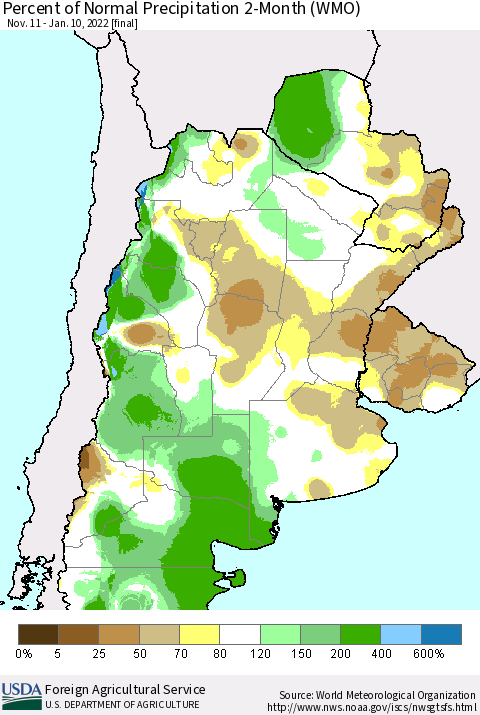 Southern South America Percent of Normal Precipitation 2-Month (WMO) Thematic Map For 11/11/2021 - 1/10/2022