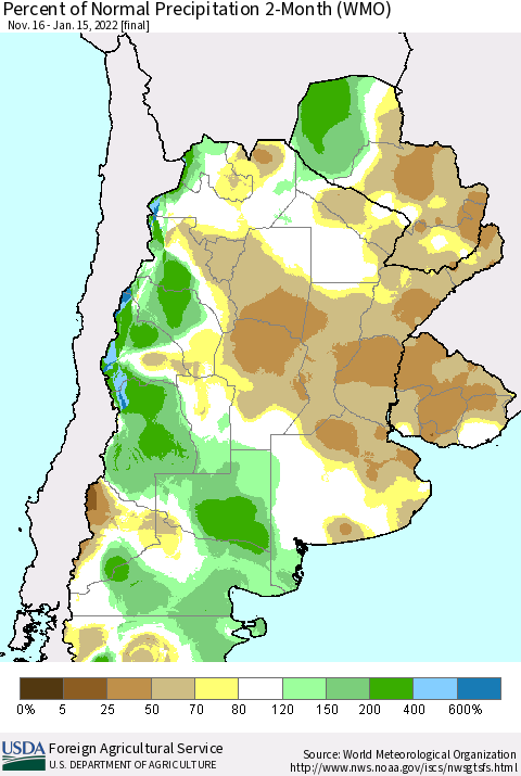 Southern South America Percent of Normal Precipitation 2-Month (WMO) Thematic Map For 11/16/2021 - 1/15/2022