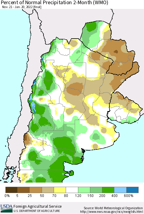 Southern South America Percent of Normal Precipitation 2-Month (WMO) Thematic Map For 11/21/2021 - 1/20/2022
