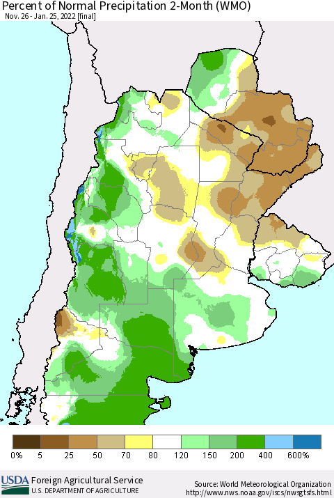 Southern South America Percent of Normal Precipitation 2-Month (WMO) Thematic Map For 11/26/2021 - 1/25/2022