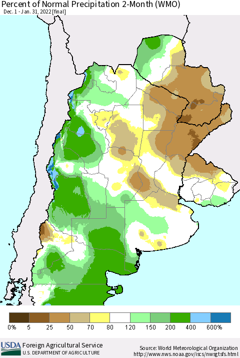 Southern South America Percent of Normal Precipitation 2-Month (WMO) Thematic Map For 12/1/2021 - 1/31/2022