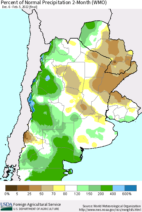 Southern South America Percent of Normal Precipitation 2-Month (WMO) Thematic Map For 12/6/2021 - 2/5/2022