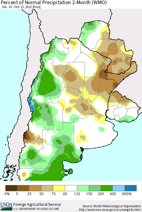 Southern South America Percent of Normal Precipitation 2-Month (WMO) Thematic Map For 12/16/2021 - 2/15/2022