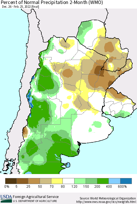 Southern South America Percent of Normal Precipitation 2-Month (WMO) Thematic Map For 12/26/2021 - 2/25/2022