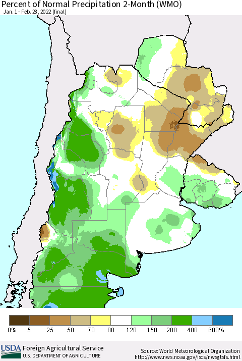 Southern South America Percent of Normal Precipitation 2-Month (WMO) Thematic Map For 1/1/2022 - 2/28/2022