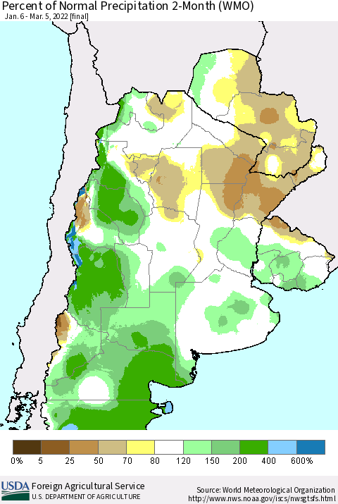 Southern South America Percent of Normal Precipitation 2-Month (WMO) Thematic Map For 1/6/2022 - 3/5/2022