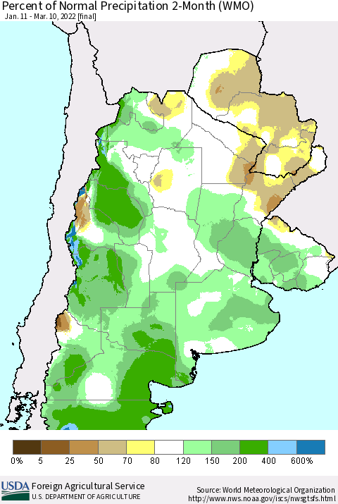Southern South America Percent of Normal Precipitation 2-Month (WMO) Thematic Map For 1/11/2022 - 3/10/2022