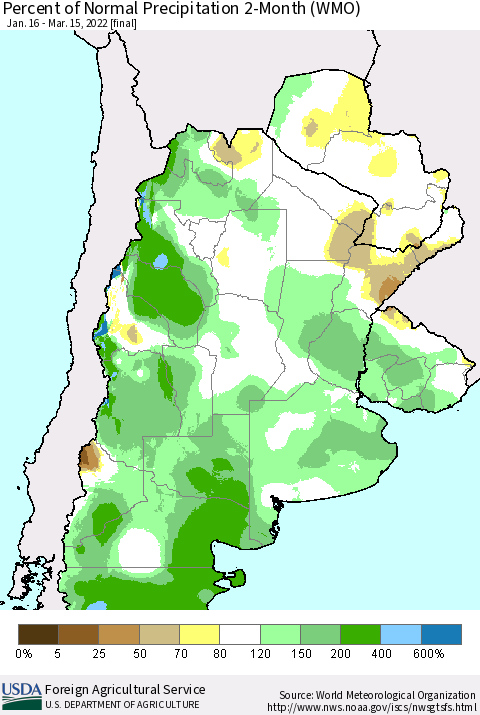 Southern South America Percent of Normal Precipitation 2-Month (WMO) Thematic Map For 1/16/2022 - 3/15/2022