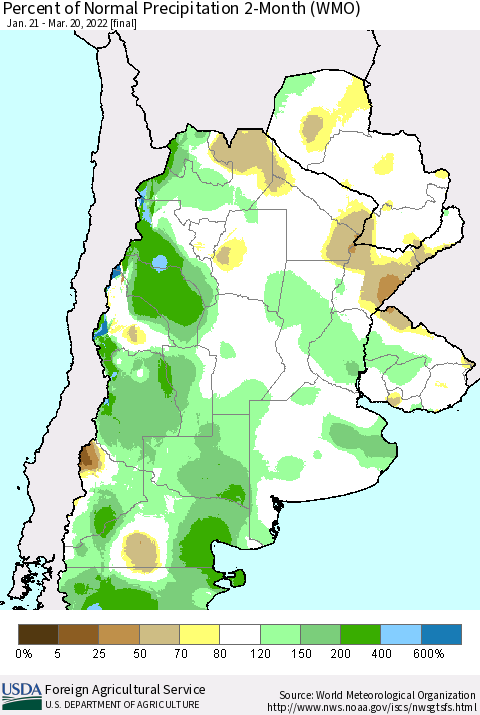 Southern South America Percent of Normal Precipitation 2-Month (WMO) Thematic Map For 1/21/2022 - 3/20/2022