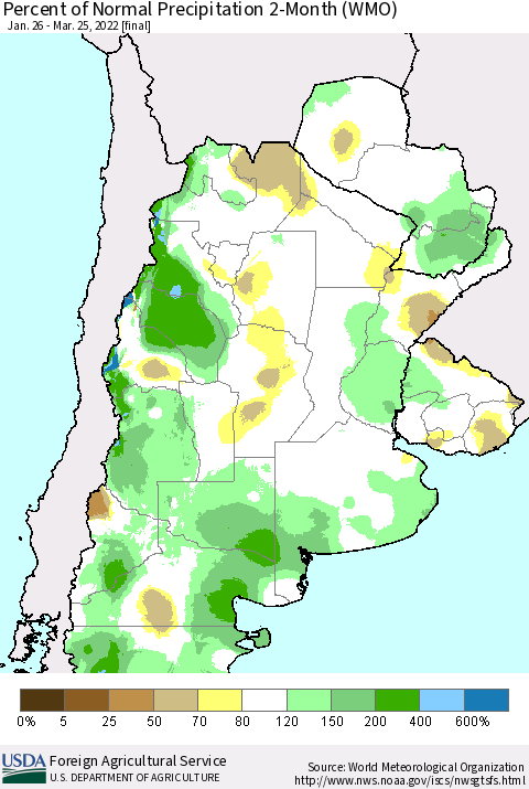 Southern South America Percent of Normal Precipitation 2-Month (WMO) Thematic Map For 1/26/2022 - 3/25/2022