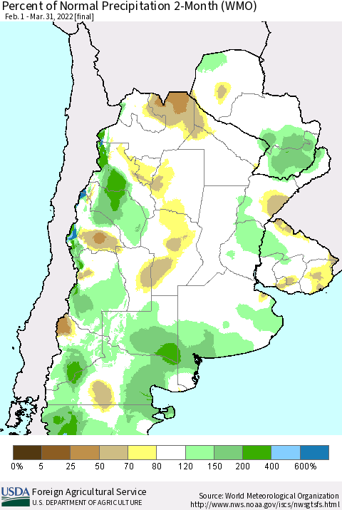 Southern South America Percent of Normal Precipitation 2-Month (WMO) Thematic Map For 2/1/2022 - 3/31/2022