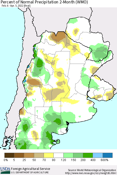 Southern South America Percent of Normal Precipitation 2-Month (WMO) Thematic Map For 2/6/2022 - 4/5/2022