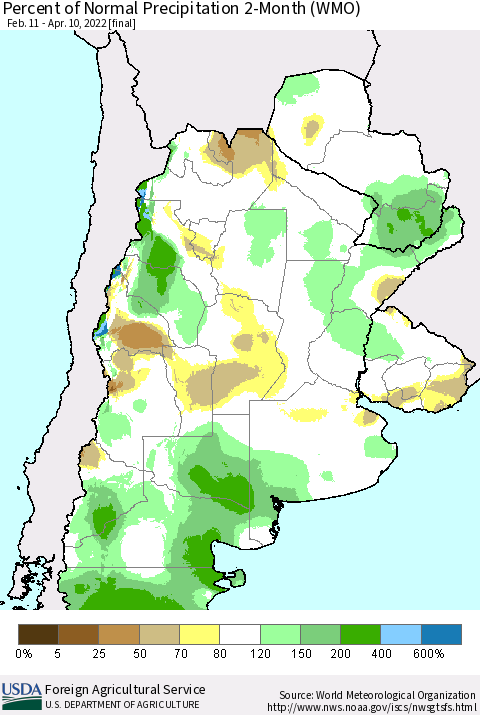 Southern South America Percent of Normal Precipitation 2-Month (WMO) Thematic Map For 2/11/2022 - 4/10/2022