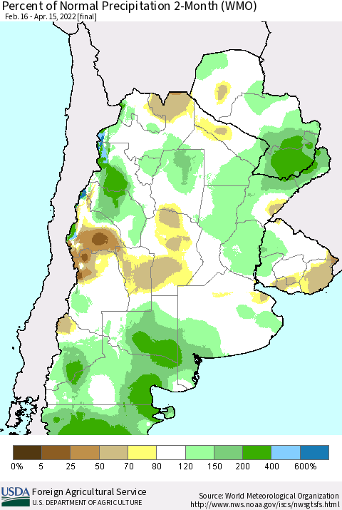 Southern South America Percent of Normal Precipitation 2-Month (WMO) Thematic Map For 2/16/2022 - 4/15/2022