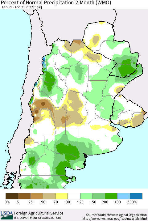 Southern South America Percent of Normal Precipitation 2-Month (WMO) Thematic Map For 2/21/2022 - 4/20/2022