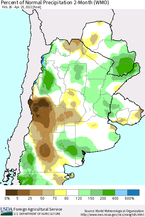 Southern South America Percent of Normal Precipitation 2-Month (WMO) Thematic Map For 2/26/2022 - 4/25/2022