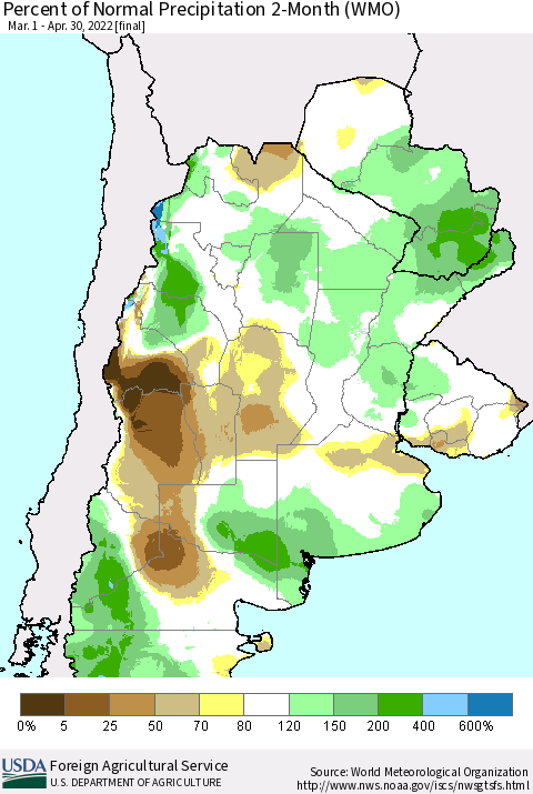 Southern South America Percent of Normal Precipitation 2-Month (WMO) Thematic Map For 3/1/2022 - 4/30/2022