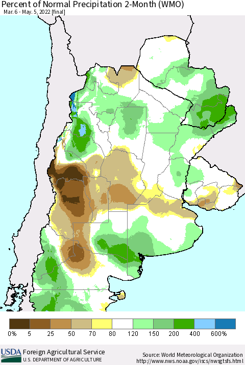 Southern South America Percent of Normal Precipitation 2-Month (WMO) Thematic Map For 3/6/2022 - 5/5/2022
