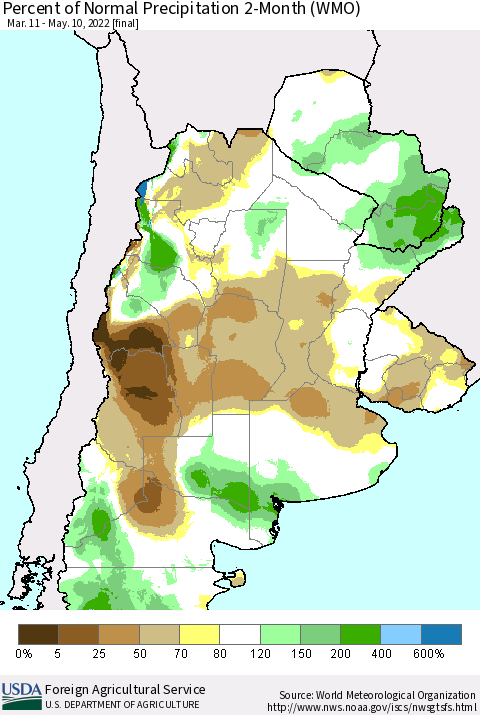Southern South America Percent of Normal Precipitation 2-Month (WMO) Thematic Map For 3/11/2022 - 5/10/2022