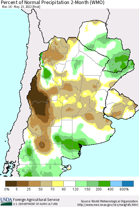 Southern South America Percent of Normal Precipitation 2-Month (WMO) Thematic Map For 3/16/2022 - 5/15/2022