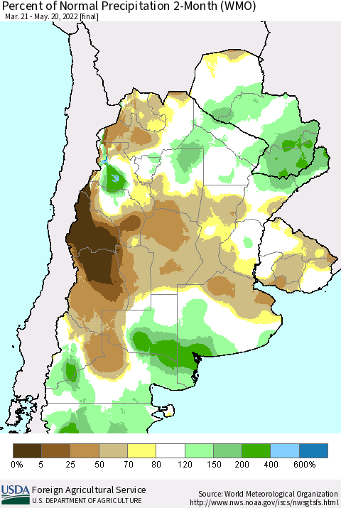 Southern South America Percent of Normal Precipitation 2-Month (WMO) Thematic Map For 3/21/2022 - 5/20/2022