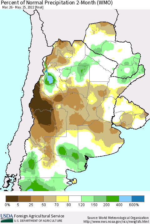 Southern South America Percent of Normal Precipitation 2-Month (WMO) Thematic Map For 3/26/2022 - 5/25/2022