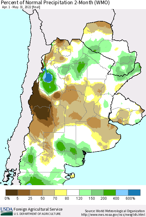Southern South America Percent of Normal Precipitation 2-Month (WMO) Thematic Map For 4/1/2022 - 5/31/2022