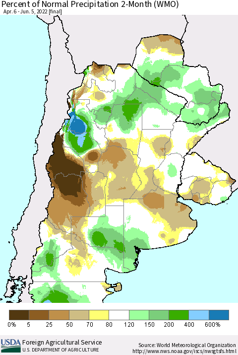 Southern South America Percent of Normal Precipitation 2-Month (WMO) Thematic Map For 4/6/2022 - 6/5/2022