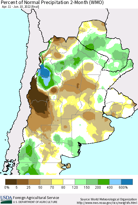 Southern South America Percent of Normal Precipitation 2-Month (WMO) Thematic Map For 4/11/2022 - 6/10/2022