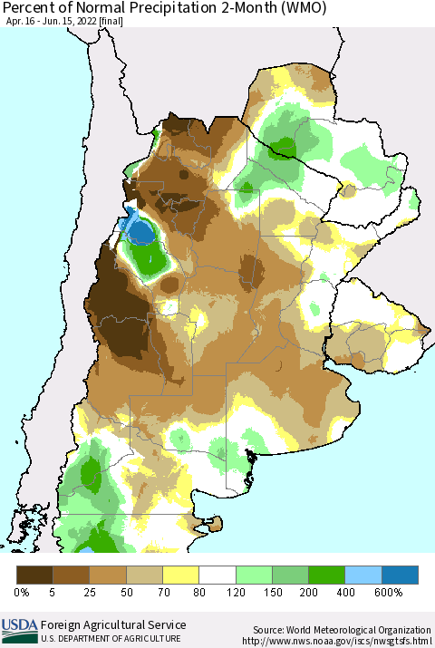 Southern South America Percent of Normal Precipitation 2-Month (WMO) Thematic Map For 4/16/2022 - 6/15/2022