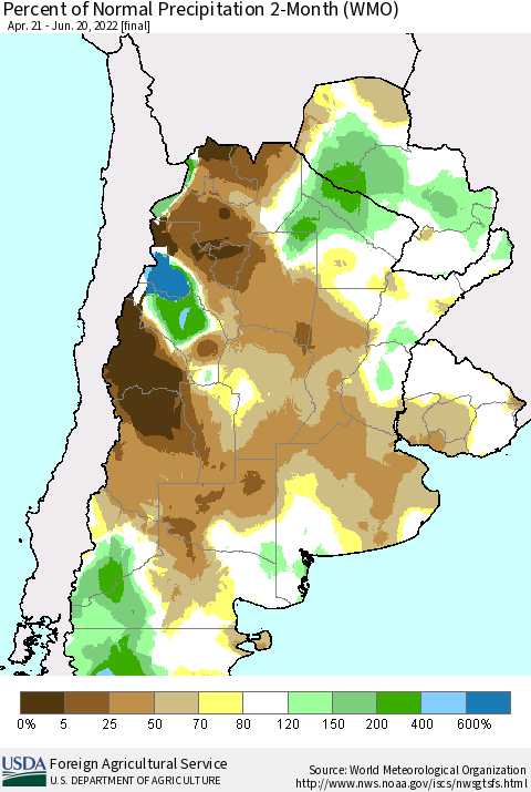 Southern South America Percent of Normal Precipitation 2-Month (WMO) Thematic Map For 4/21/2022 - 6/20/2022