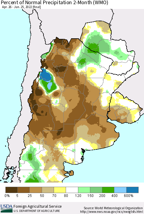 Southern South America Percent of Normal Precipitation 2-Month (WMO) Thematic Map For 4/26/2022 - 6/25/2022