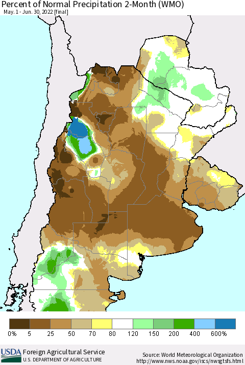 Southern South America Percent of Normal Precipitation 2-Month (WMO) Thematic Map For 5/1/2022 - 6/30/2022