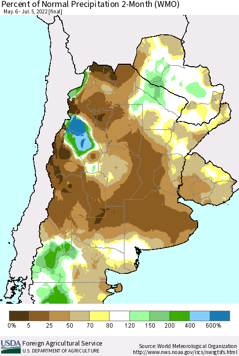 Southern South America Percent of Normal Precipitation 2-Month (WMO) Thematic Map For 5/6/2022 - 7/5/2022