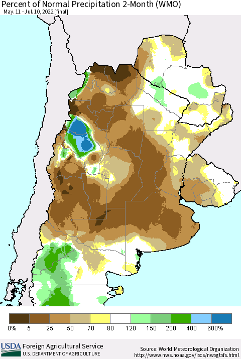 Southern South America Percent of Normal Precipitation 2-Month (WMO) Thematic Map For 5/11/2022 - 7/10/2022