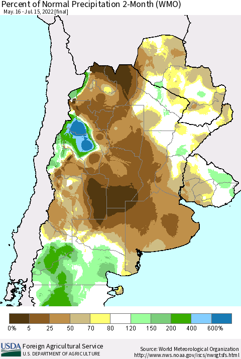 Southern South America Percent of Normal Precipitation 2-Month (WMO) Thematic Map For 5/16/2022 - 7/15/2022