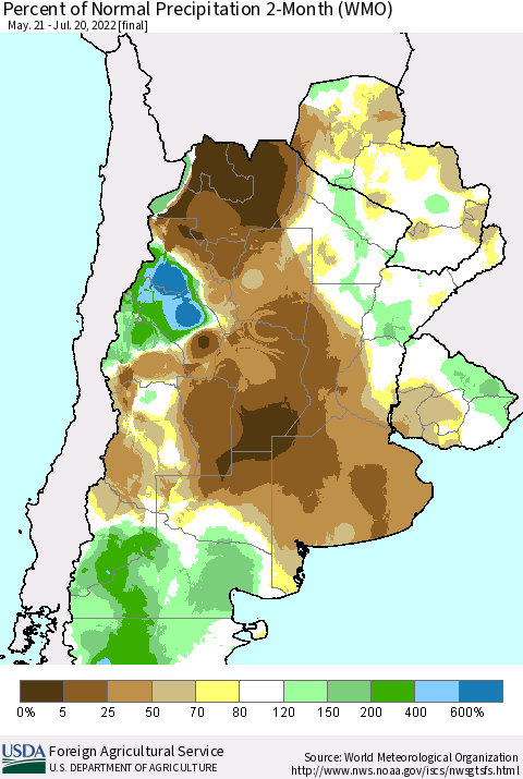 Southern South America Percent of Normal Precipitation 2-Month (WMO) Thematic Map For 5/21/2022 - 7/20/2022