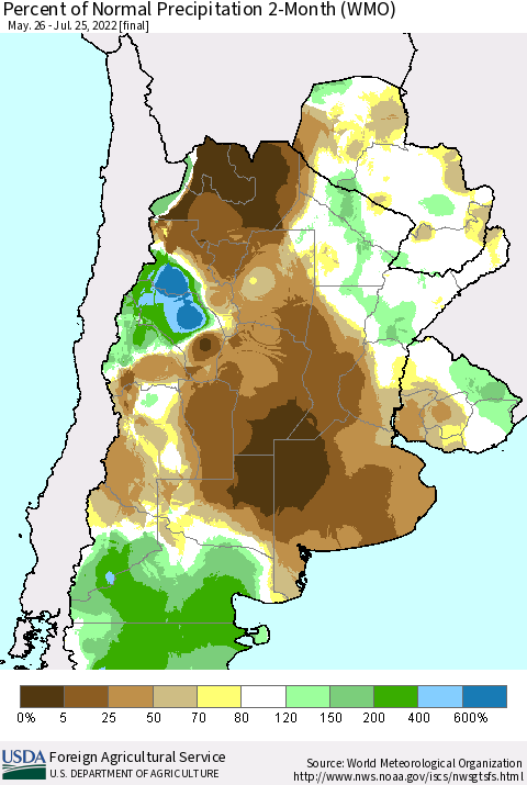 Southern South America Percent of Normal Precipitation 2-Month (WMO) Thematic Map For 5/26/2022 - 7/25/2022