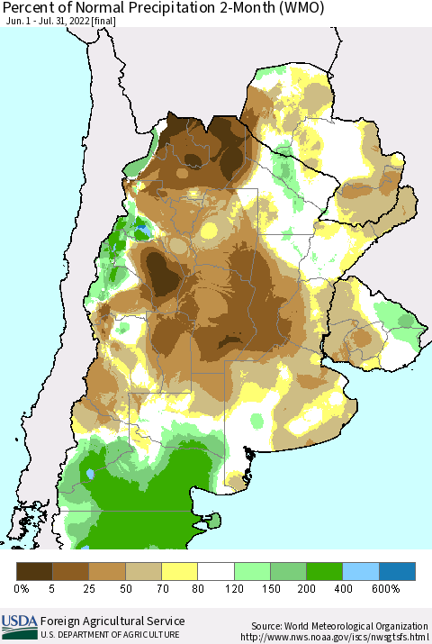 Southern South America Percent of Normal Precipitation 2-Month (WMO) Thematic Map For 6/1/2022 - 7/31/2022