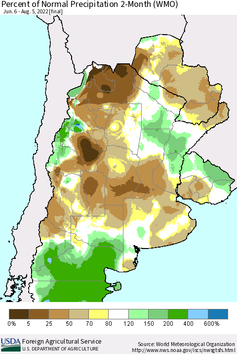 Southern South America Percent of Normal Precipitation 2-Month (WMO) Thematic Map For 6/6/2022 - 8/5/2022