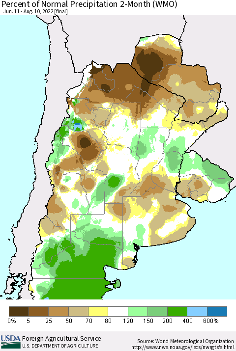 Southern South America Percent of Normal Precipitation 2-Month (WMO) Thematic Map For 6/11/2022 - 8/10/2022