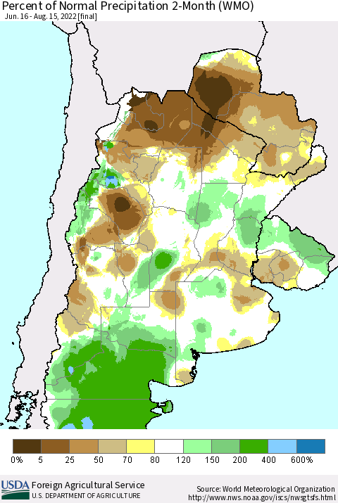 Southern South America Percent of Normal Precipitation 2-Month (WMO) Thematic Map For 6/16/2022 - 8/15/2022