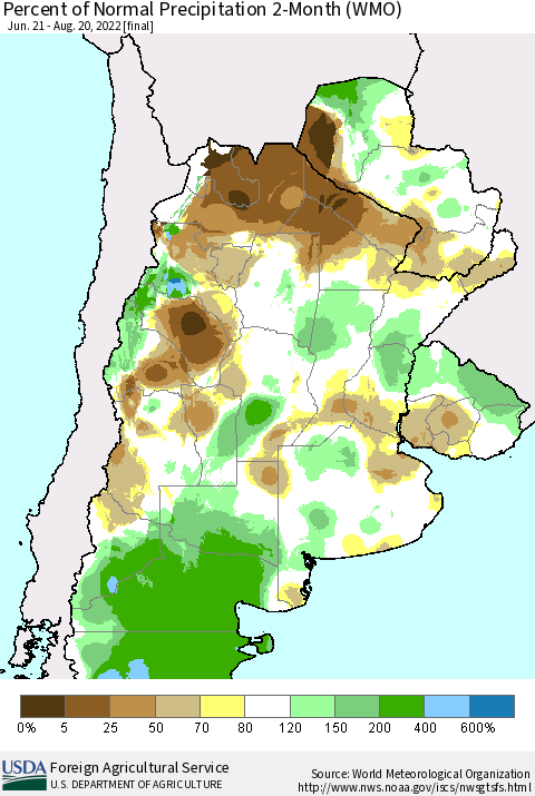Southern South America Percent of Normal Precipitation 2-Month (WMO) Thematic Map For 6/21/2022 - 8/20/2022