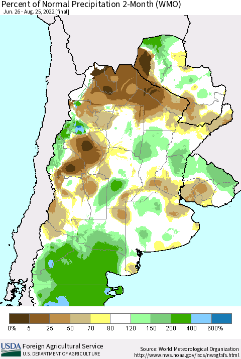 Southern South America Percent of Normal Precipitation 2-Month (WMO) Thematic Map For 6/26/2022 - 8/25/2022