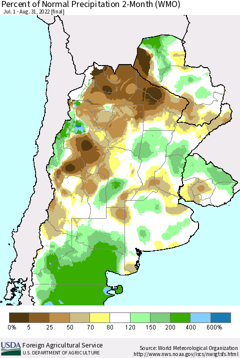 Southern South America Percent of Normal Precipitation 2-Month (WMO) Thematic Map For 7/1/2022 - 8/31/2022